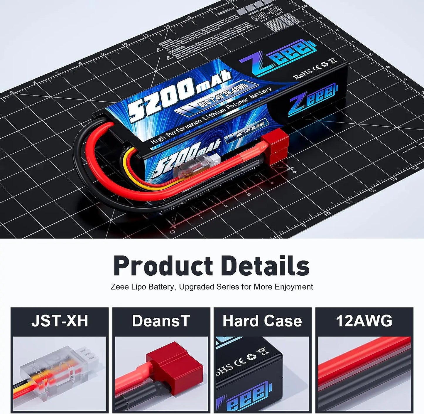 Batería Lipo Zeee 2S 5200mAh 50C - Alta Performance para RC Drift (7.4V - XT60)
