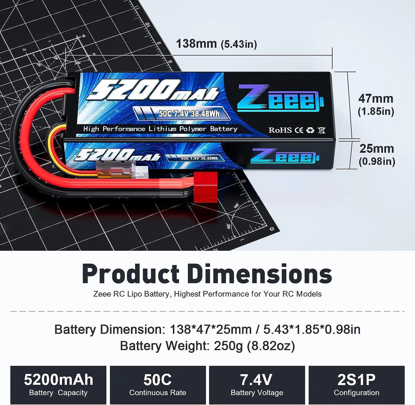 Batería Lipo Zeee 2S 5200mAh 50C - Alta Performance para RC Drift (7.4V - XT60)