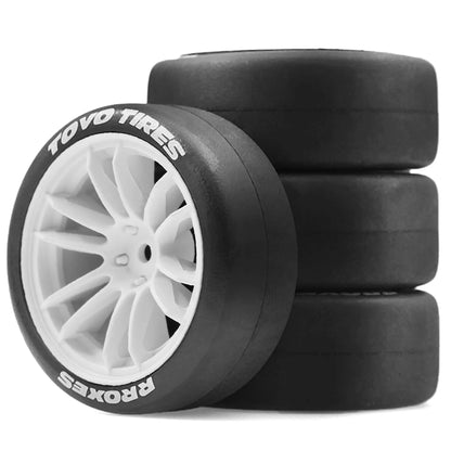 Rines y Neumáticos RC Enkei RPF1 Style – 12mm Hex – 68mm (Blanco/Negro) – Para Tamiya TT02 / XV01 / PTG2 – Set x4