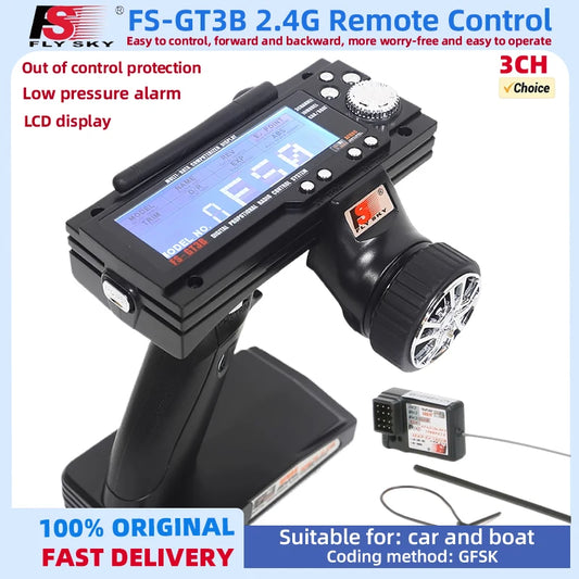 FlySky GT3B + Receptor GR3E – Mando RC 3CH Económico para Drift y Carros de Carreras | 2.4G, Pantalla LED