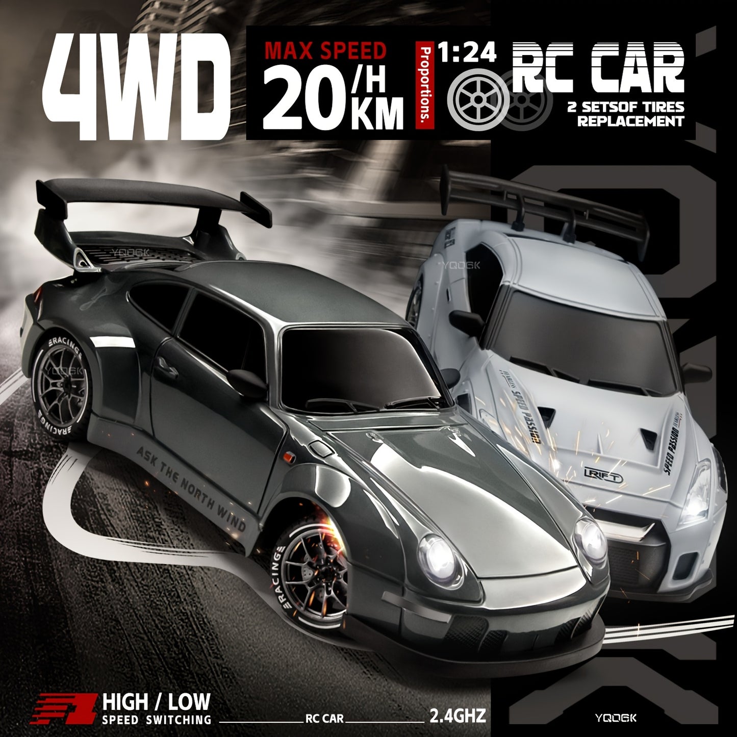RC Drift 1:24 RWB y GT-R | 4WD, LED y Neumáticos Reemplazables