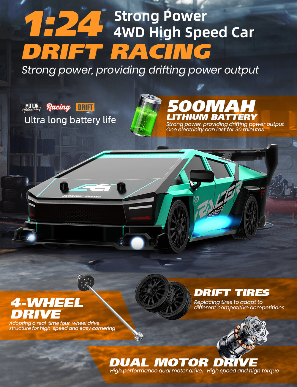 UrbanFury R – Auto RC Drift 1:24 con Luces, Carrocería PVC, 4WD, Llantas Extras y Obstáculos | 2.4GHz y Velocidad Ajustable