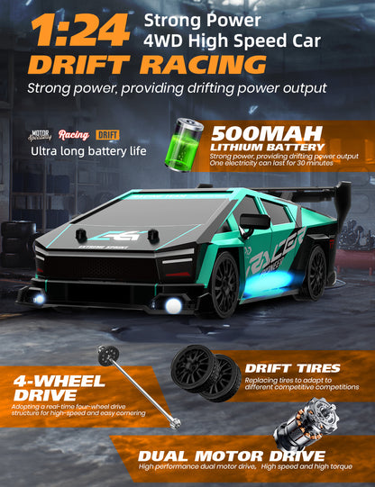 UrbanFury R – Auto RC Drift 1:24 con Luces, Carrocería PVC, 4WD, Llantas Extras y Obstáculos | 2.4GHz y Velocidad Ajustable