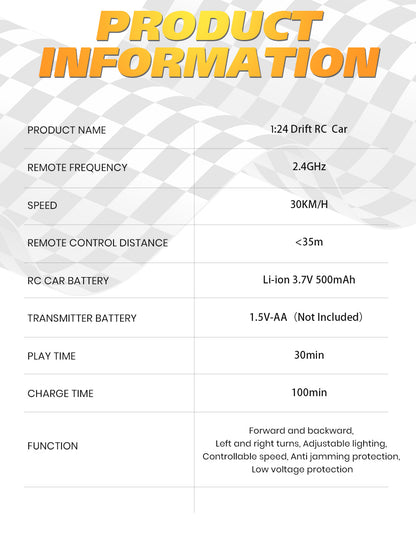 UrbanFury R – Auto RC Drift 1:24 con Luces, Carrocería PVC, 4WD, Llantas Extras y Obstáculos | 2.4GHz y Velocidad Ajustable